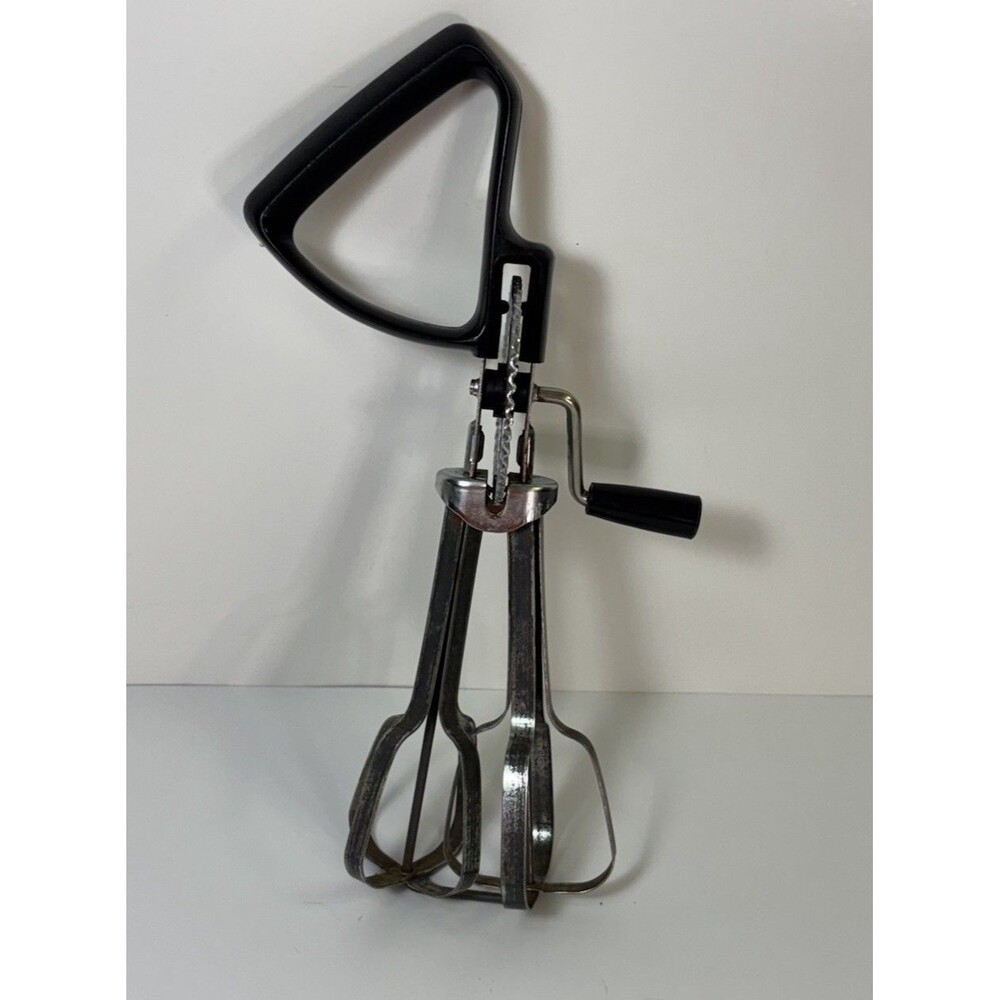 Vintage EKCO Hand Held Crank Mixer-Egg Beater Stainless Black Handle Manual